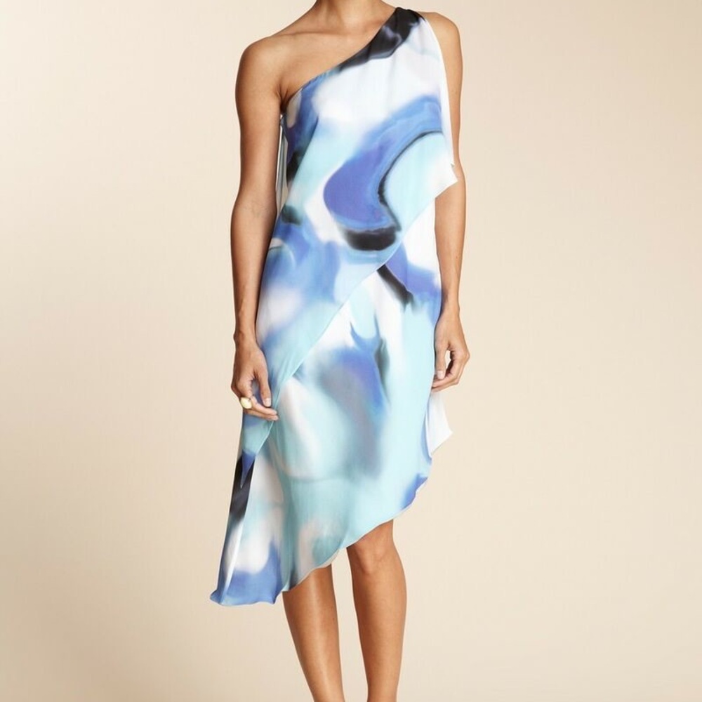 Halston Heritage Galaxy Blue One Shoulder Tiered Asymmetric Dress 8 - Picture 3 of 13